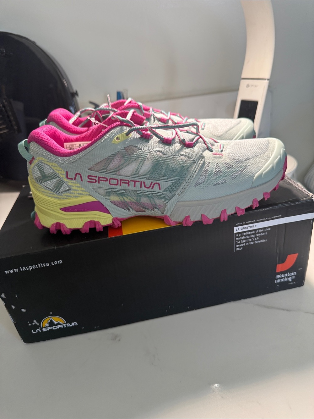 La Sportiva Women's Trail Runners in White with Pink & Yellow Accents